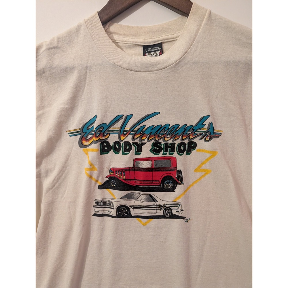 Screen Stars Vintage T-Shirt Mens Large White Excellent Car Graphic Body Shop